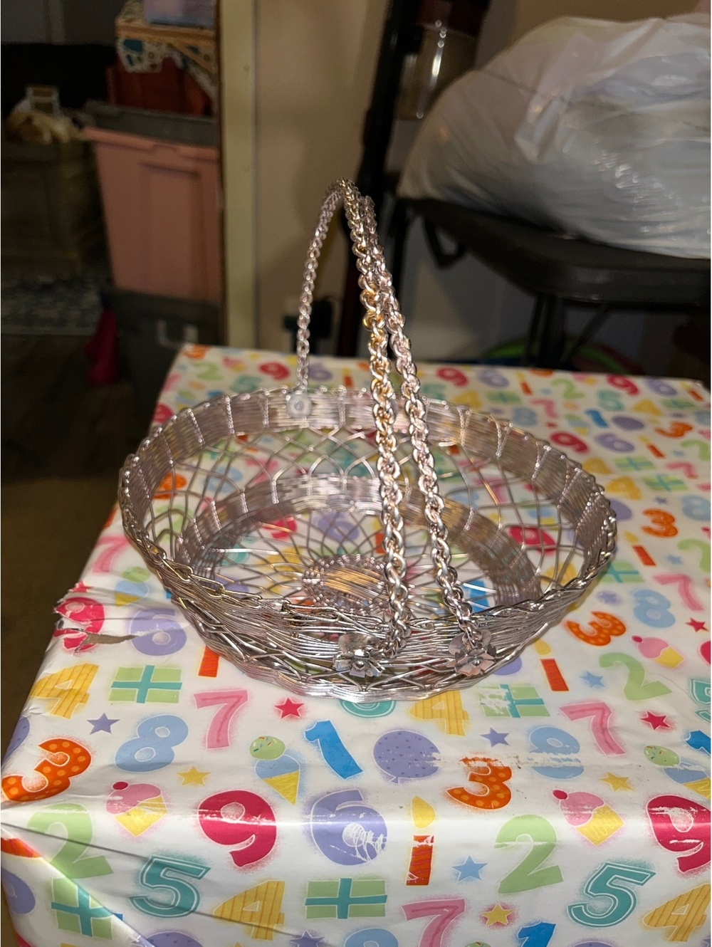 9” lavender metal woven vintage basket